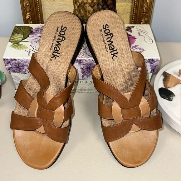 softwalk 8M Tan Brown Leather Slip On Support Soles Comfort Sandals - Picture 1 of 9